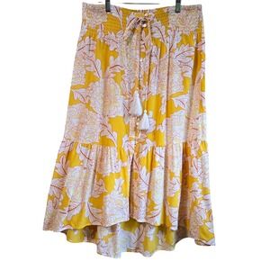 Spoon Jeans Bohemian Floral High-Low Midi Skirt Yellow White Smocked Tassel XL